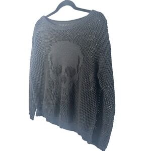 Women's Open Knit Skull Sweater Black Crochet Oversized M L Goth Grunge Rocker